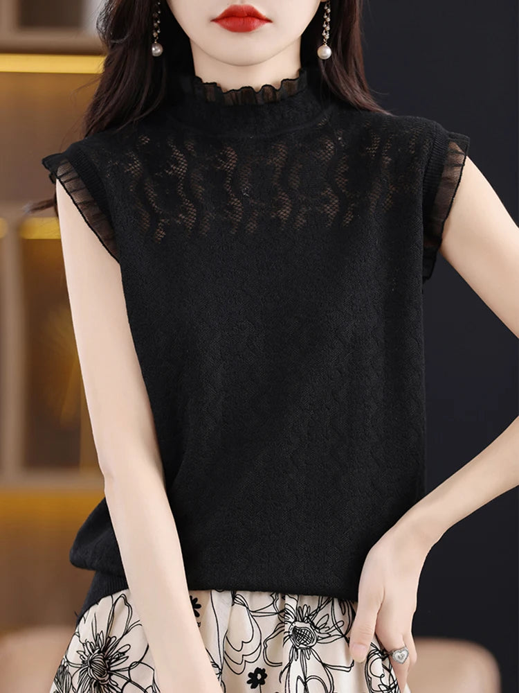 Lace Tank Tops Sleeveless Hollow Out Camis Knitted Vest Pullover