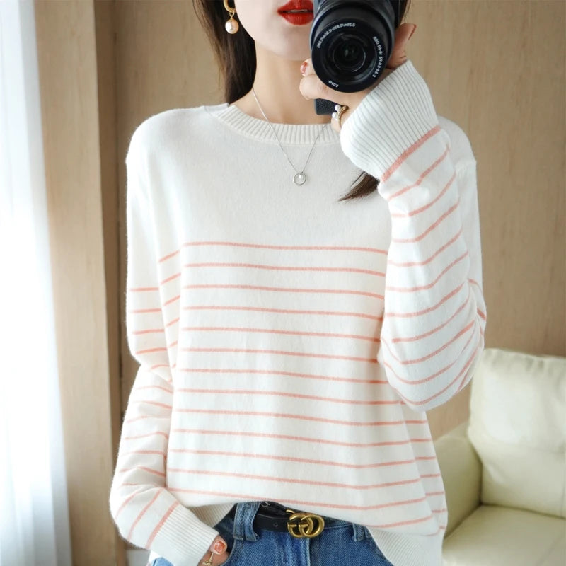 Knitted Sweater Striped Color Matching Round Neck Large Size