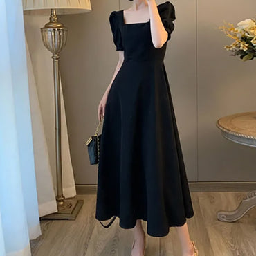 Square Collar Elegant Puff Sleeve Solid A-line Casual Dress