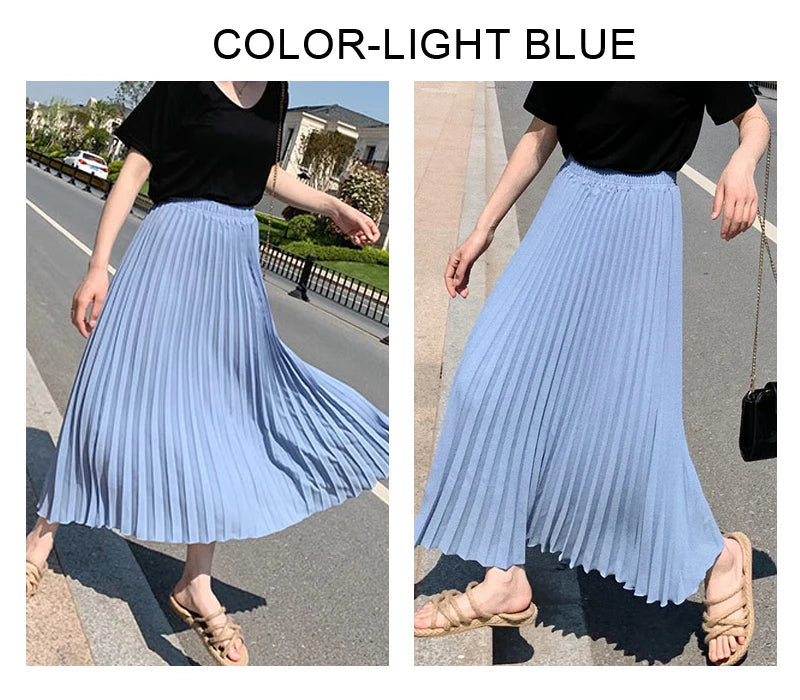 Womens Chic Pleated Swing Long Skirt Elastic High Waist