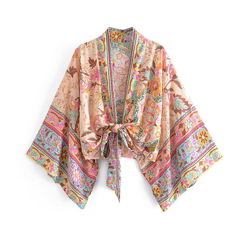 Boho Vintage Floral Print Sashes short Kimono Casual  Cover-Up
