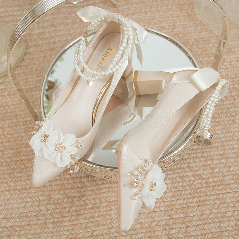 Elegant Flowers High Heels Pumps Pearl Ankle Strap Wedding Shoes