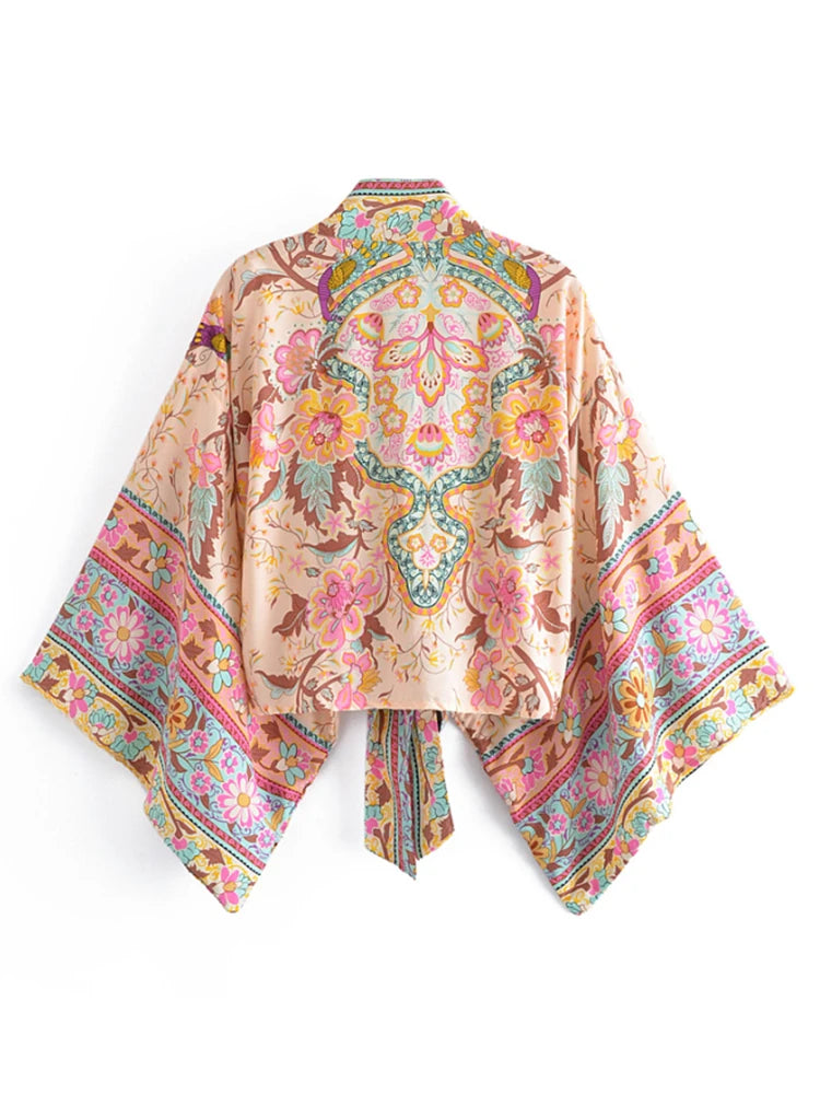 Vintage Peacock Floral Print Short Kimono Fashion Rayon Boho Cover-ups