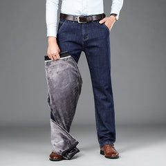 Fleece Jeans Men Business Cotton Straight Pants Thick