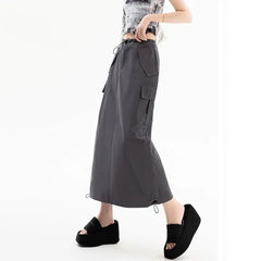 Retro Cargo Skirt for Women Summer Slit Design High Waist