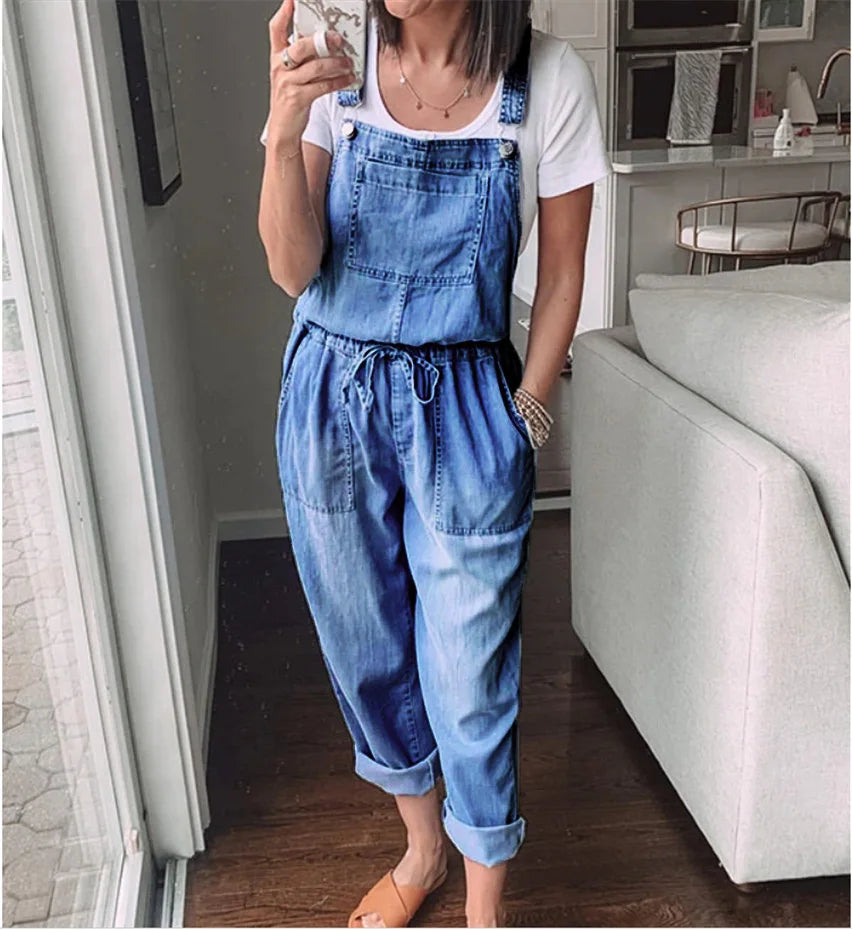 Sleeveless Cotton Blue Denim Casual Waist Loose Jumpsuits