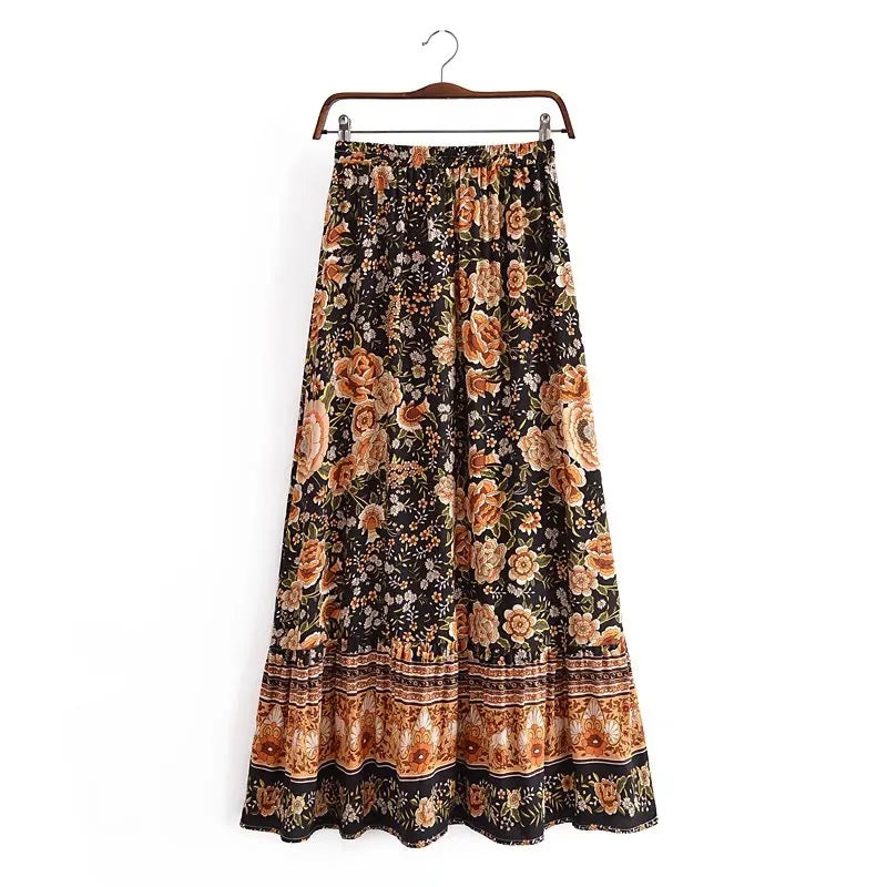 Floral Print Bohemian Pleated Ladies Waist A-Line Rayon Maxi Skirts