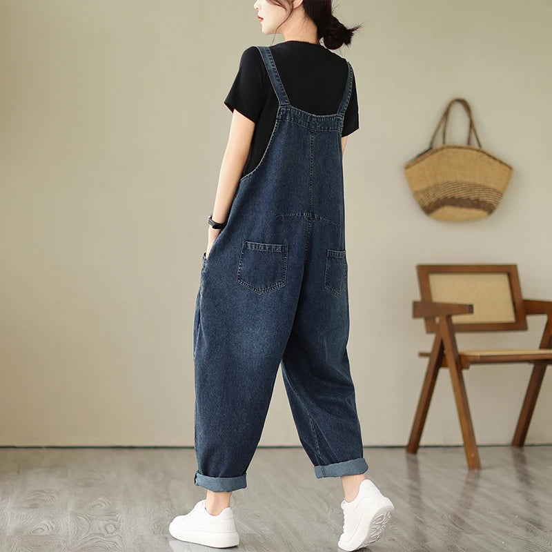 Fashion Multi Pocket Cargo Suspender Vintage Patchwork Denim Overalls