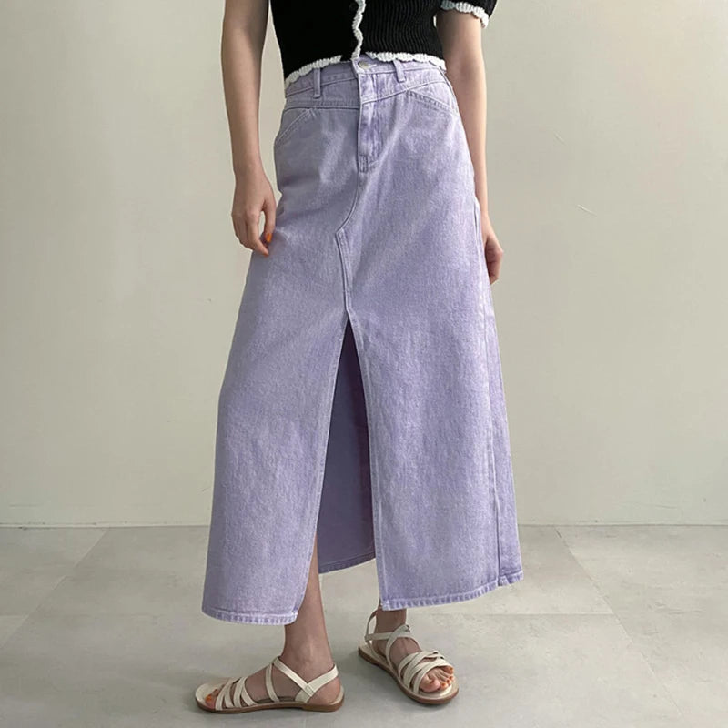 High Waist A-line Vintage Y2K Split Long Denim Skirt