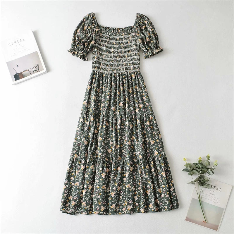 Floral Print Beach Bohemian Midi Dress Robe Ladies Short Sleeve