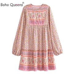 Pink Floral Print Beach Bohemian Dresses Mini Dresses