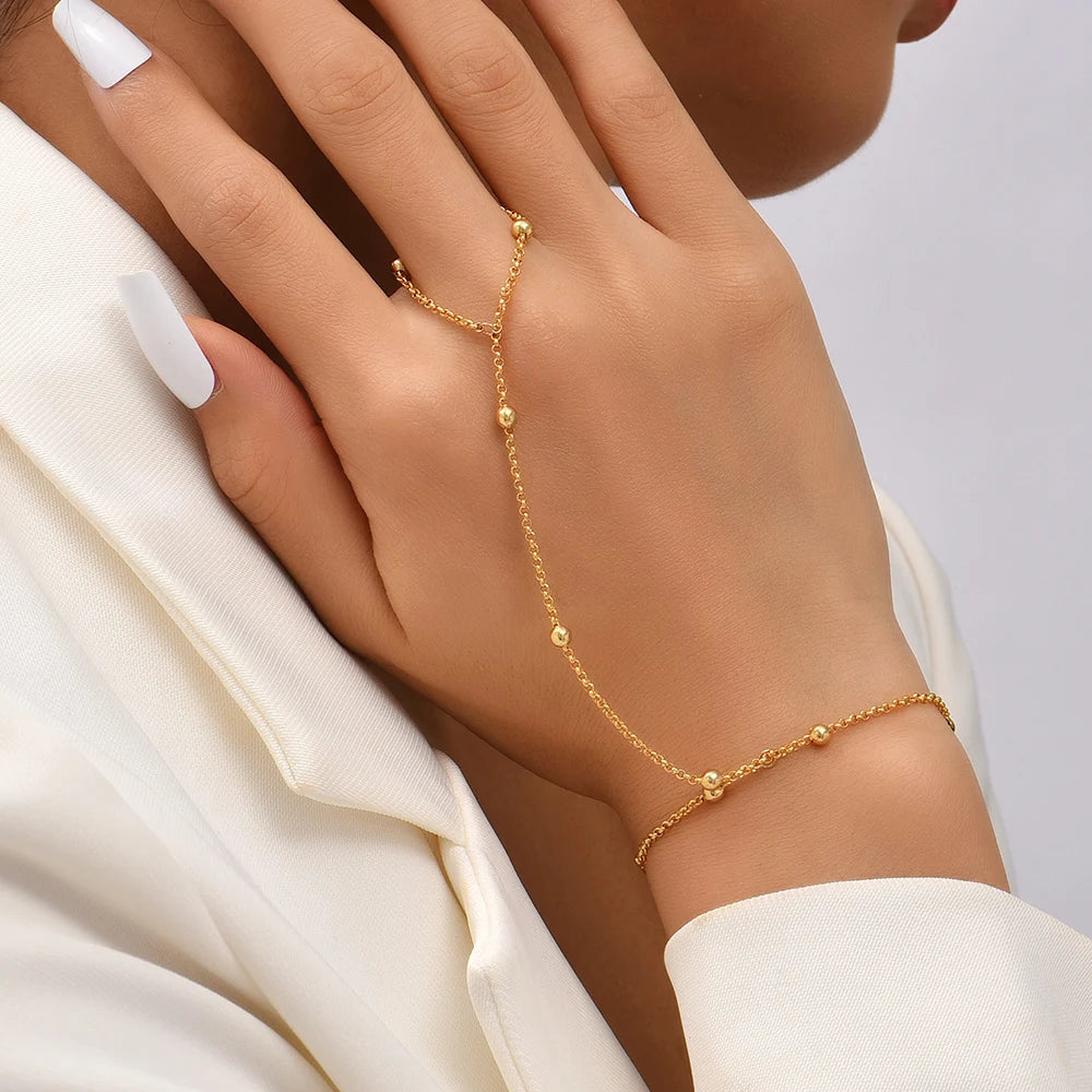 Minimalist Gold plated Bead Chain Ring Bracelet Linked Finger