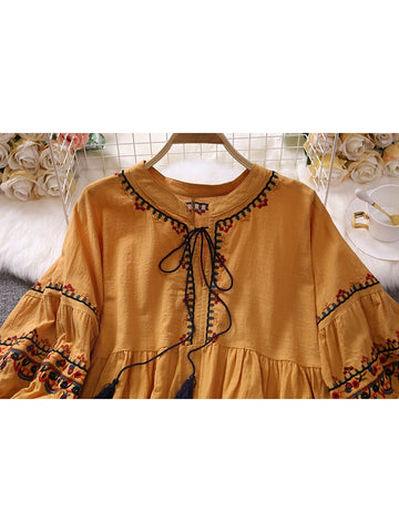 Women Summer Dress Vintage Ethnic Embroidery V-neck Lace Up