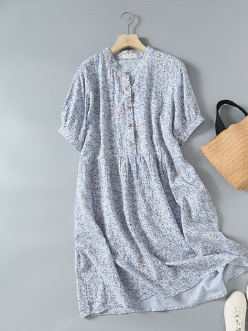 O-Neck  Rustic Flowers Print Double-Layer Short Sleeve Dress