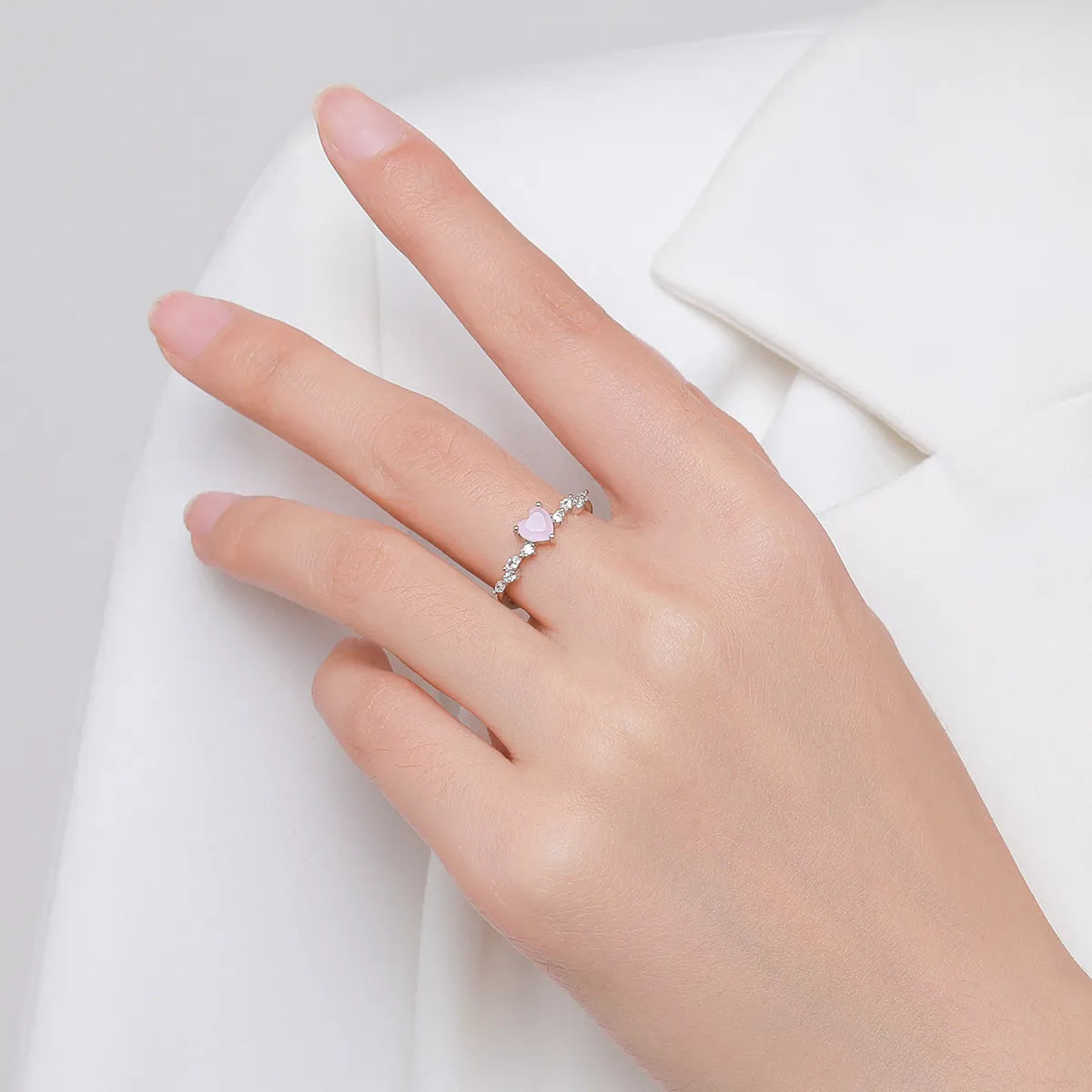 Silver Elegant Pink Crystal Heart Finger Rings