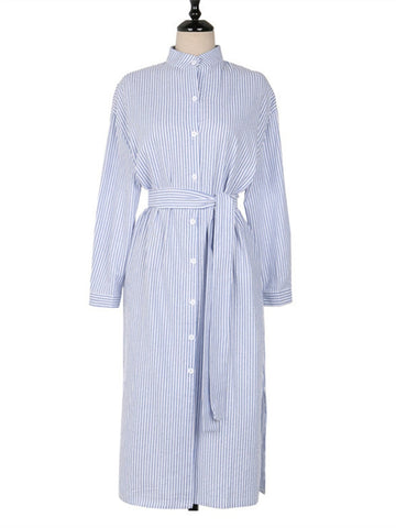 Striped Cotton and Linen Shirt Dress Lace Up Fashion