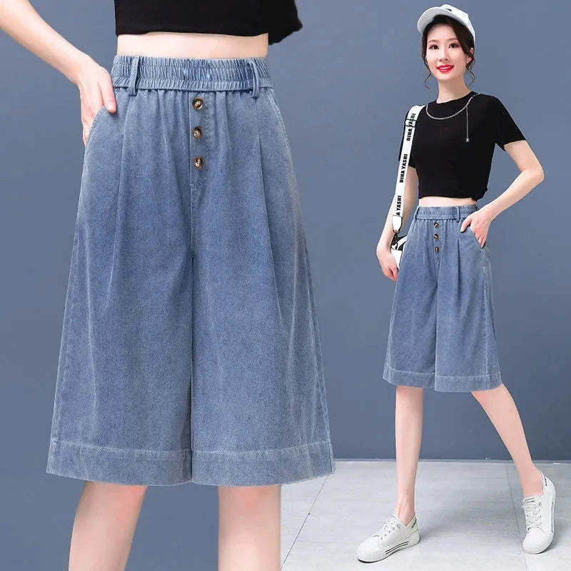 Large-Size Jeans High-Waisted Casual Denim Wide Leg Pants