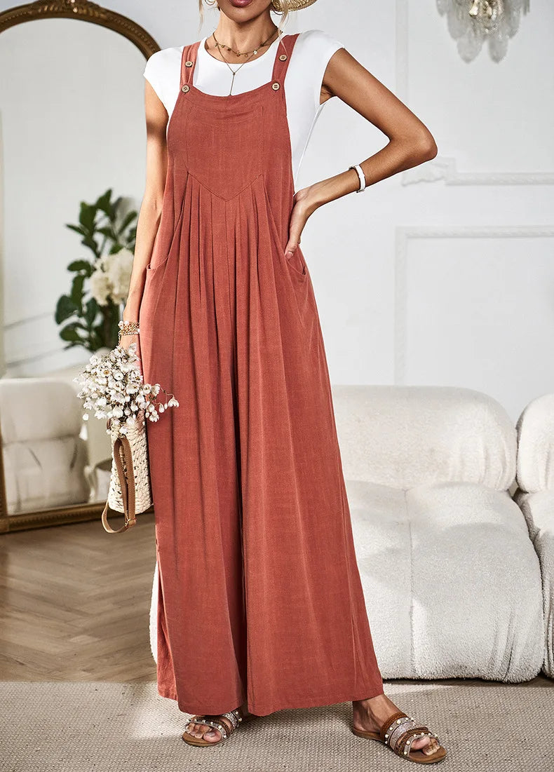 Wide Leg Maxi Jumpsuits for Women Vintage Solid Sleeveless Overalls