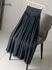 Women's Knitted Wool Blends Long Skirt With Tassel Wide High Waist