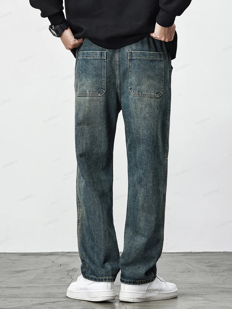 Retro Blue Jeans Men Cotton Straight Pants Elastic Waist Casual Trousers