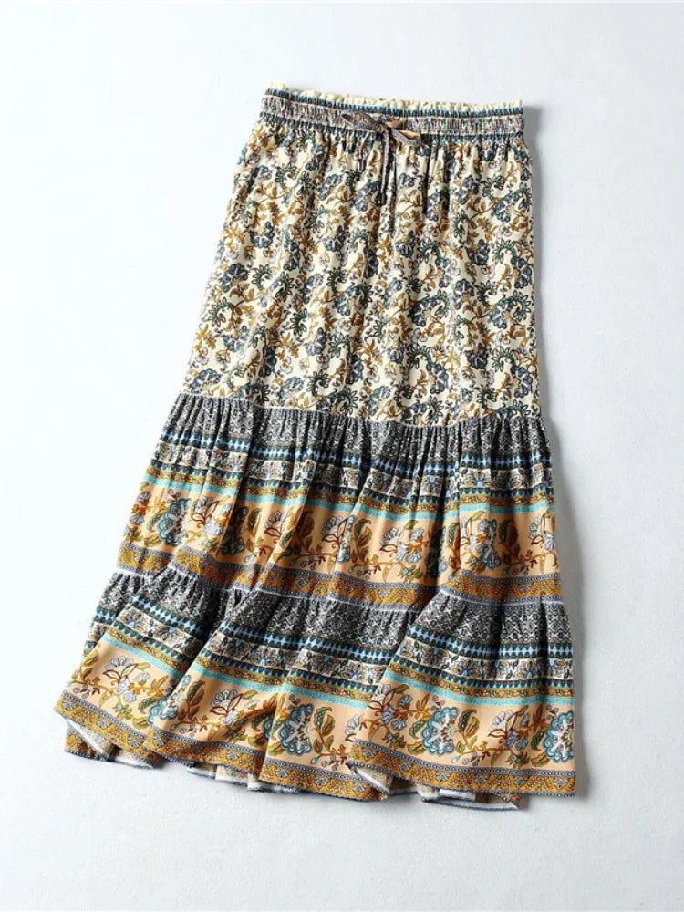 Vintage Chic Floral Peacock Printed High Waist Bohemian Skirts