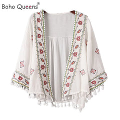 Boho Floral Embroidery Kimono Bohemian V Neck Flare Cover-up