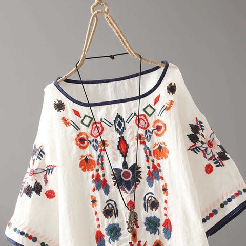 Embroidery Floral Tees Style Classic Loose Shirts Casual Vintage