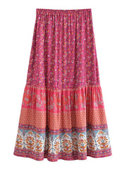 Vintage  Floral Peacock Printed High Elastic Waist Beach Bohemian Skirt