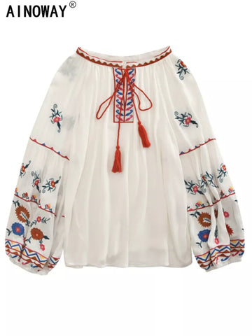 Vintage Chic Tassel Bohemian Floral Embroidery Blouse Shirt