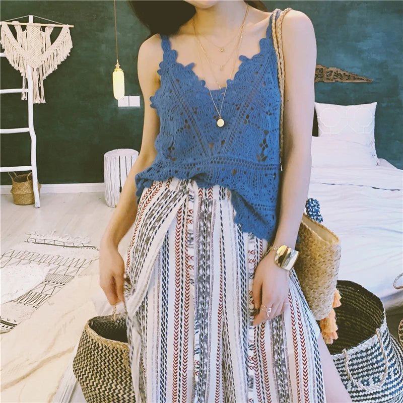 Bohemian Short Strap Seaside Lace Knitted Boho Vest