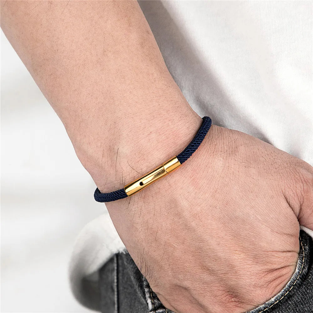 Plated Stainless Steel Snap Clasp Rope Bracelet Minimalist