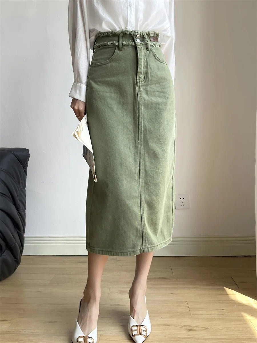 A-Line Cotton Denim Long High Waist Vintage Skirt