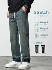 Retro Blue Jeans Men Cotton Straight Pants Elastic Waist Casual Trousers