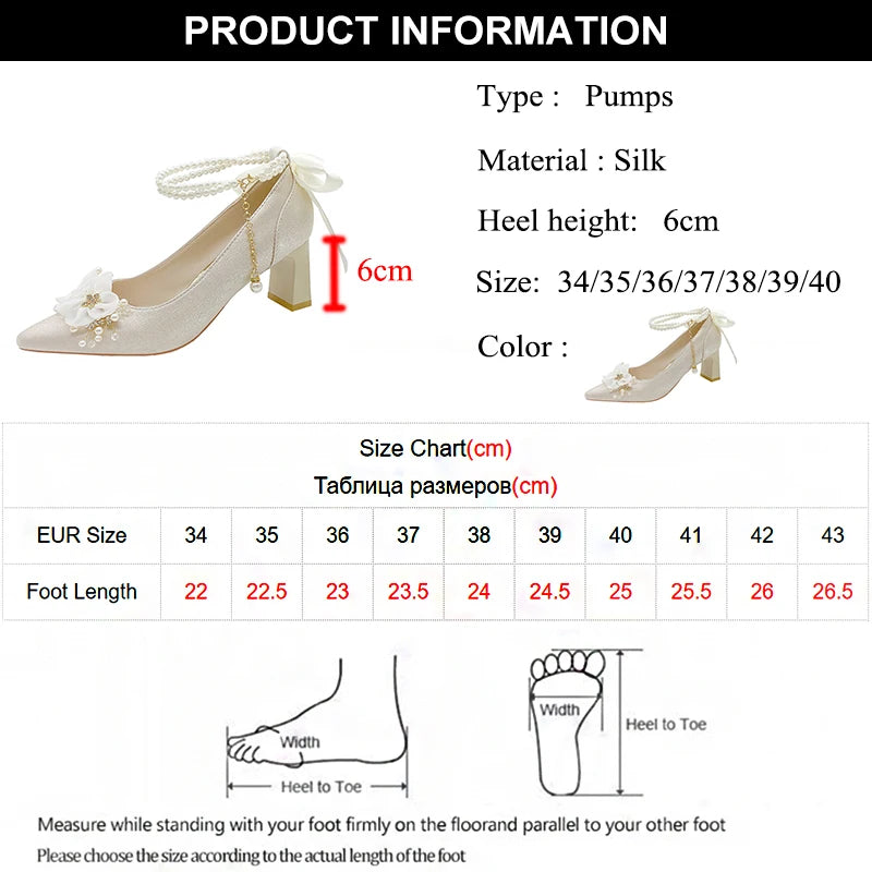 Elegant Flowers High Heels Pumps Pearl Ankle Strap Wedding Shoes