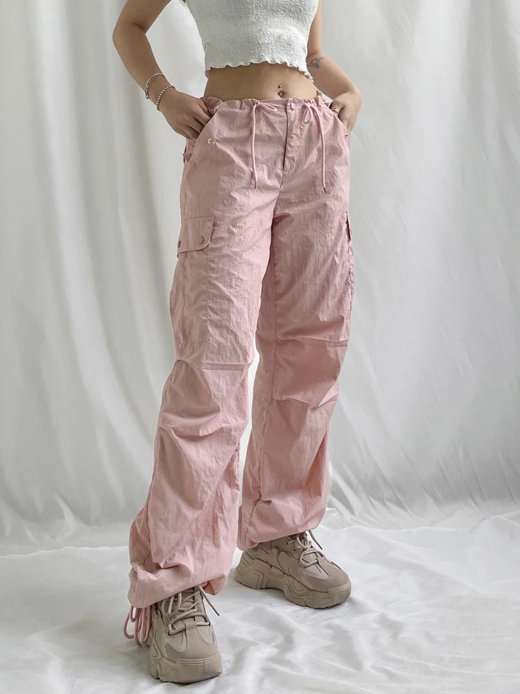 Y2K Shirring Cute Cargo Pants Pockets Baggy Sweatpants