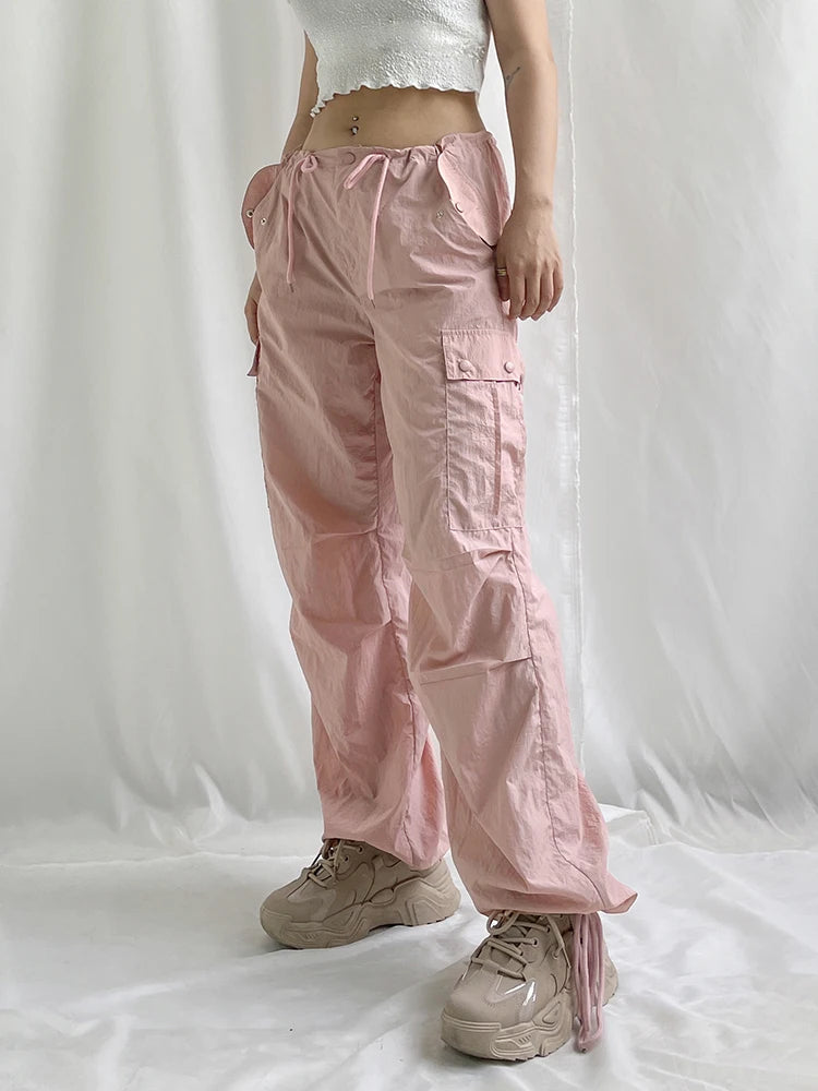 Y2K Shirring Cute Cargo Pants Pockets Baggy Sweatpants