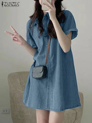 Fashion Denim Shirt Lapel Neck Short Sleeve Sundress