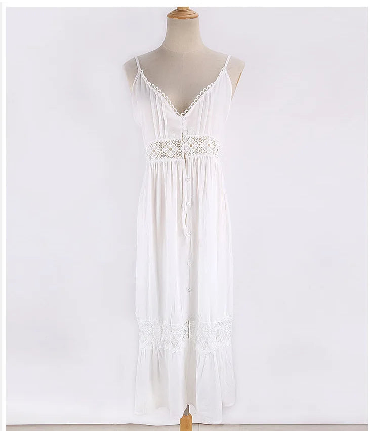 Women Solid Hollow Out Lace Strapless Beach Bohemian Maxi Dress