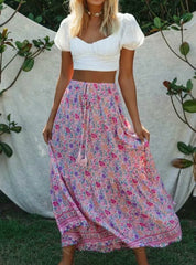 Fashion Beach Bohemian Pink Floral Print Skirt High Elastic Waist