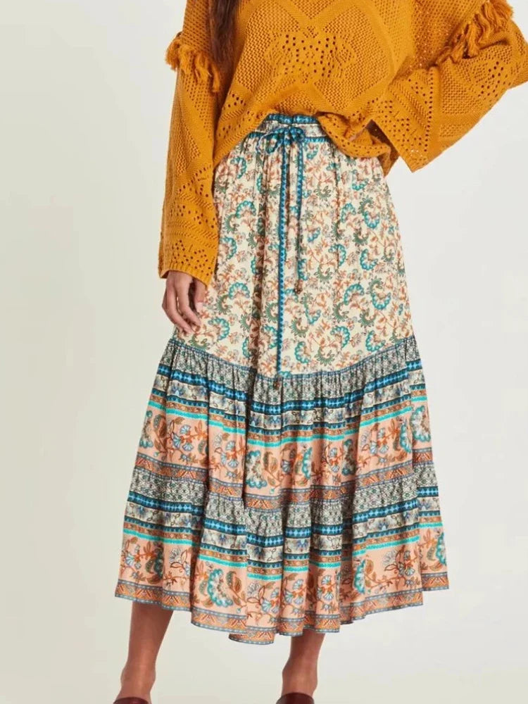 Vintage Chic Floral Peacock Printed High Waist Bohemian Skirts