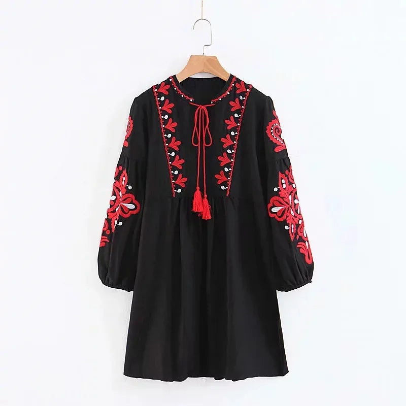 Bow Tie Ethnic Lantern Sleeve Embroidered Floral Cute Dresses