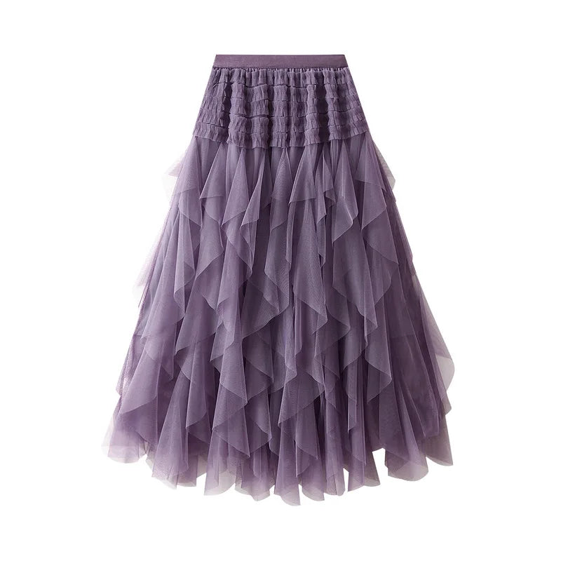 Ankle Length Tulle Tiered Irregular Hem Pleated Long Maxi Skirt