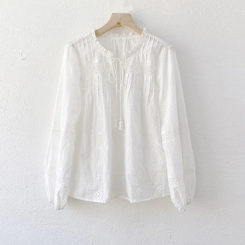 Floral Embroidery White Lace Blouse shirt For Vintage