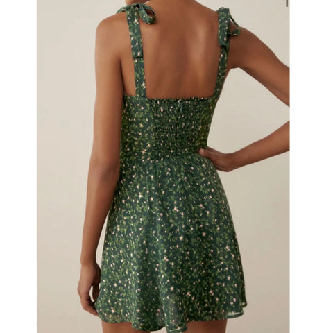 Green Flora Back Elastic Front Hollow Out Mini Dress
