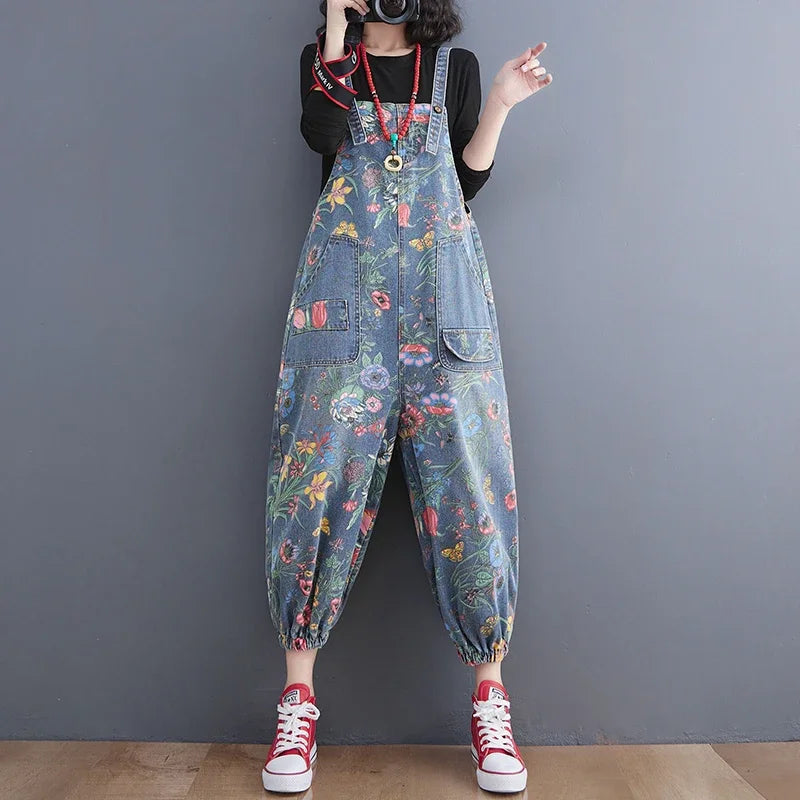 Fashion Streetwear Print Floral Denim Overalls