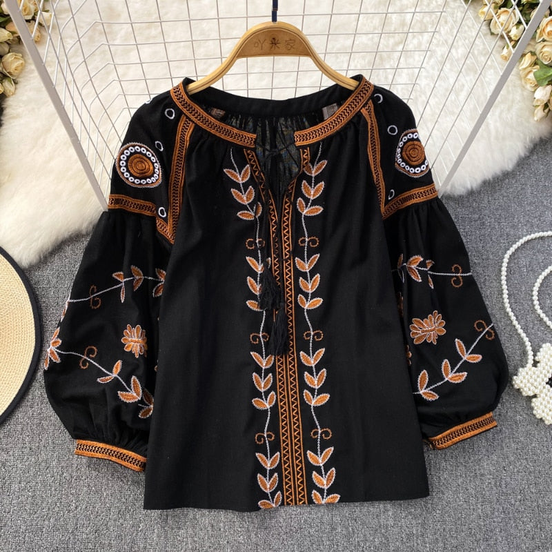 Embroidered Print Vintage Loose Women Shirts Blouses