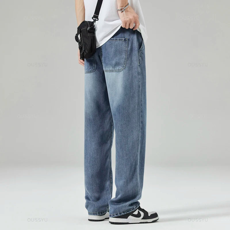 Men's Jeans Loose Straight Pants Elastic Waist Drawstring Trousers Male