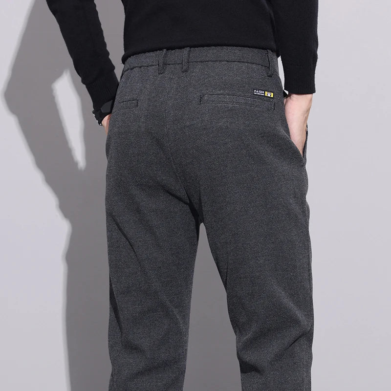 Casual Pants Thickened Warm Slim Straight Elastic Waist Black Business