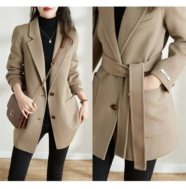 Women Fashion Lace Up Elegant Woolen Thick Blazers Jacket Office