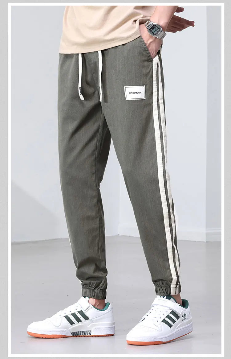 Side Pipeline Pants Elastic Waist Drawstring Men's Trousers